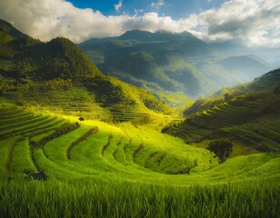 Beautiful green landscape with rice fields terraces, mountains in background. 