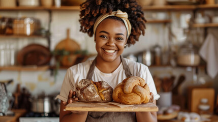 A black woman holding breads in her hands, she is smiling and wearing an apron, the background of the kitchen with shelves full of baking tools and decorations, professional photography, beautiful lig - obrazy, fototapety, plakaty