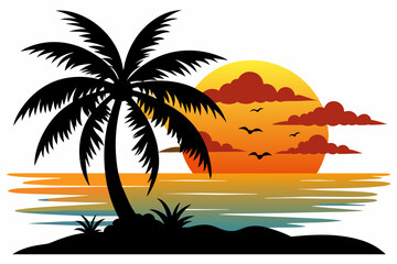 Fototapeta na wymiar Sea beach sunset with coconut tree black silhouette design.