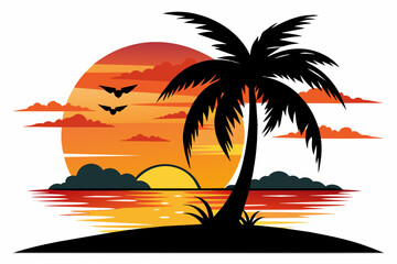 Sea beach sunset with coconut tree black silhouette design.