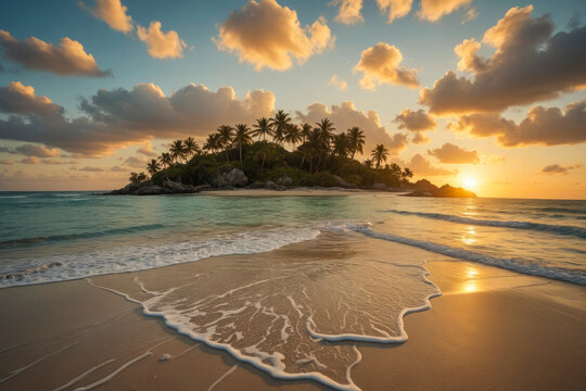 Golden sunset over a tranquil tropical island with lush palm trees and a peaceful beach