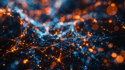 A network of interconnected points and lines against a dark background, with blue and orange highlights and bokeh effects - obrazy, fototapety, plakaty