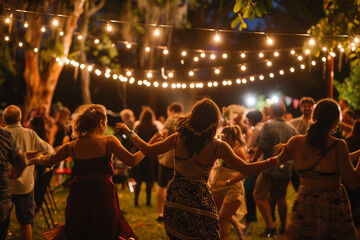People dancing at a concert, absorbed in the rhythm and euphoria of a live music festival under the stars.