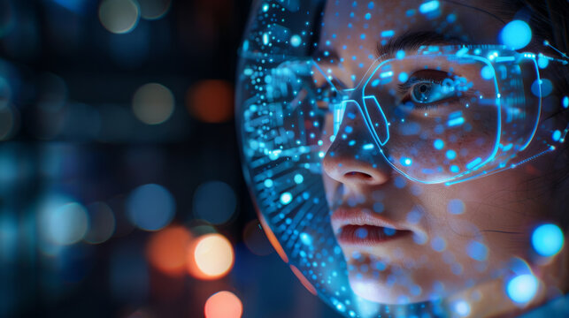 Close-up of a woman wearing futuristic augmented reality glasses, with digital overlays and data points mapping her facial features