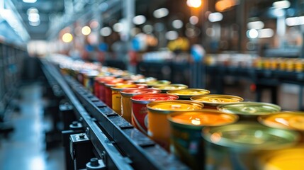 Canned food on an industrial factory conveyor belt - obrazy, fototapety, plakaty