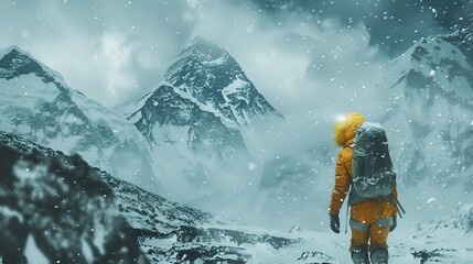 Courage Amidst the Storm: Blond Adventurer Scaling Everest in Treacherous Weather - obrazy, fototapety, plakaty