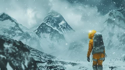 Zelfklevend Fotobehang Courage Amidst the Storm: Blond Adventurer Scaling Everest in Treacherous Weather © Aykhan