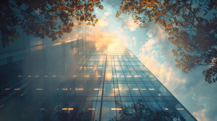 Low angle view of a modern skyscraper with a glass facade reflecting the sunlight and surrounded by autumn trees under a clear blue sky.