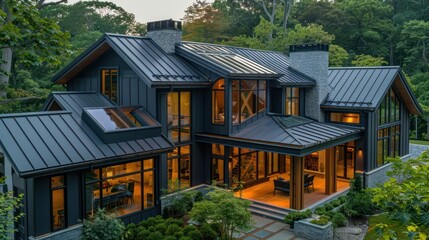 Corrugated metal roof installed on a modern house - obrazy, fototapety, plakaty
