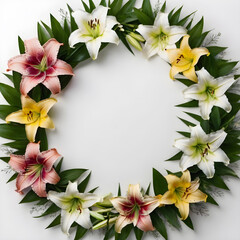 a circle, a frame of lily flowers on a white background. text space