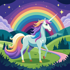 Obraz na płótnie Canvas Imagine a serene meadow where a graceful unicorn stands, its iridescent mane flowing gently in the breeze as it gazes at a distant rainbow