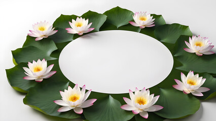 a circle, a frame of lotus flowers on a white background. text space