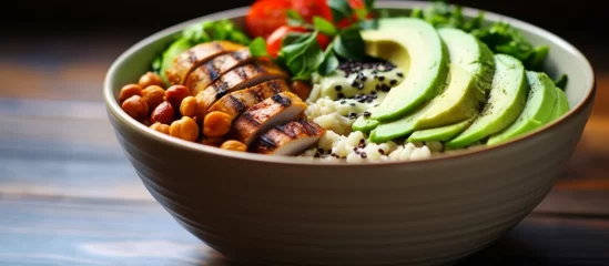 Zelfklevend Fotobehang A delicious dish made with avocado, chickpeas, and rice served in a bowl on a wooden table. This plantbased recipe is perfect for sharing and showcases a staple food in many cuisines © AkuAku