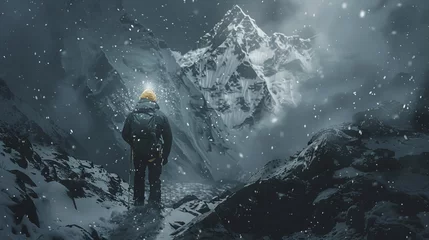 Crédence de cuisine en verre imprimé Everest Into the Tempest: Determined Adventurer Ascending Everest in Harsh Weather