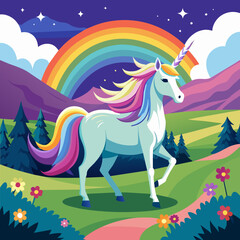 Fototapeta na wymiar Imagine a serene meadow where a graceful unicorn stands, its iridescent mane flowing gently in the breeze as it gazes at a distant rainbow