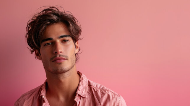 Young man with tousled hair looking at the camera against a pink background, wearing a casually unbuttoned shirt exuding confidence and a relaxed demeanor.