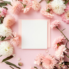 A square blank card surrounded by pastel flowers on a pink background 