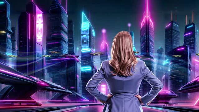 Business person overlooking futuristic neon night city skyline