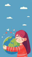 Caring girl gently hugging the the planet earth. Earth day. Vector illustration