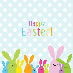 Celebration Greeting Easter card, colorful easter bunny family on polka dot background