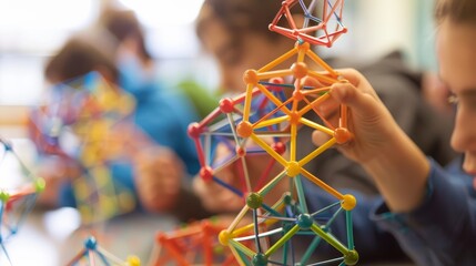 Highlighting hands-on learning in STEM, a detailed macro capture illustrates students engaging with geometric shapes, emphasizing mathematics education. - obrazy, fototapety, plakaty