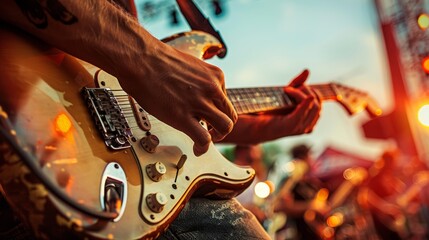 Macro shot of hands playing a guitar against the backdrop of a bustling music event, illustrating...