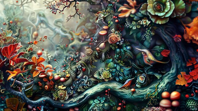 Macro shot of enchanted forest creatures in a whimsical and creative wallpaper design, inviting viewers into a world of fantasy.