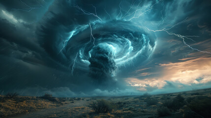 A dramatic digital artwork of a massive tornado with powerful lightning strikes, set against a turbulent sky and a desolate landscape. - obrazy, fototapety, plakaty