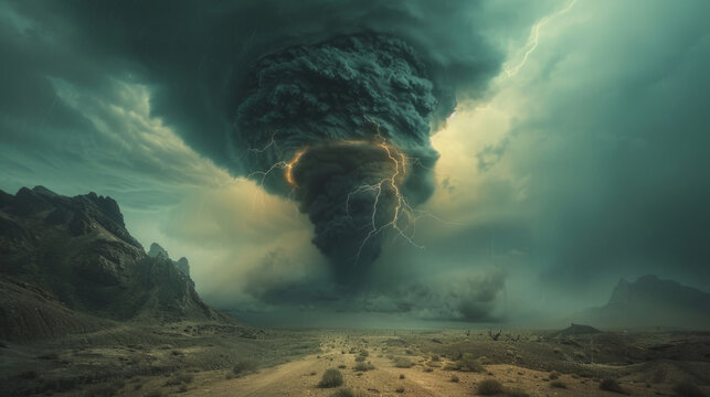 A dramatic and ominous landscape with dark storm clouds and lightning striking over rugged terrain, showcasing a powerful natural event on a desolate path.