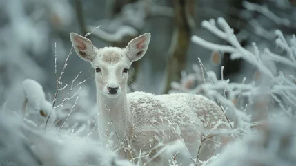 Ingelijste posters A serene young albino deer stands amidst a snowy landscape with frost-covered branches, gazing directly at the camera. © ChubbyCat