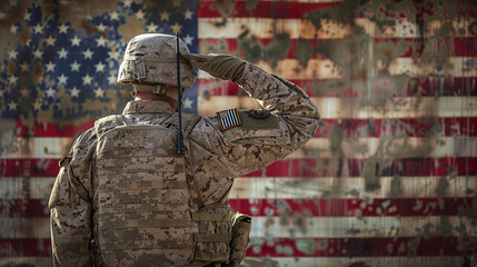 US Marine Corps soldier in a salute, against a backdrop of the American flag, reflecting the honor and duty of military service.