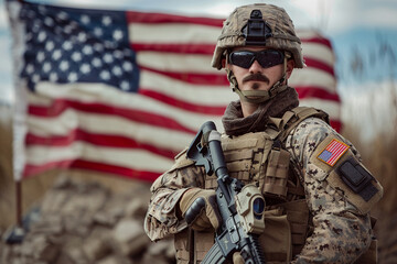 US Marine Corps soldier in a salute, against a backdrop of the American flag, reflecting the honor and duty of military service. - obrazy, fototapety, plakaty