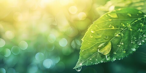 Dew drops flowing from bright green leaves, morning, background, wallpaper. - obrazy, fototapety, plakaty