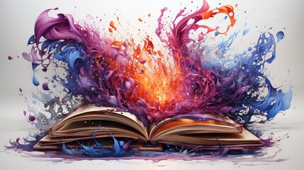 Artistic composition of an open book with vibrant watercolor butterflies and flowers bursting out, symbolizing imagination and creativity.