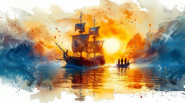 A pirate ship adventure with Peter Pan and children, in dynamic watercolor, clipart isolated on a white background