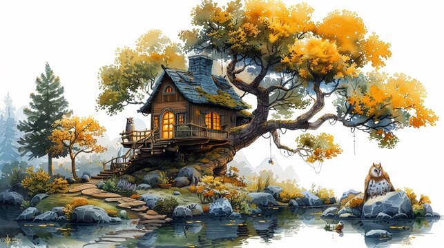 A treehouse in an enchanted forest with a wise old owl and children, in detailed watercolor, clipart isolated on a white background