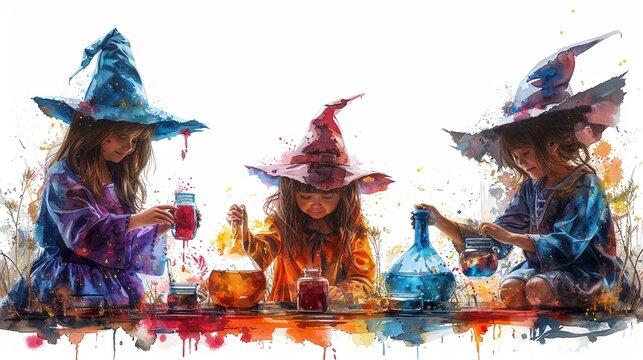 A witch teaching children to brew potions, in colorful watercolor, clipart isolated on a white background