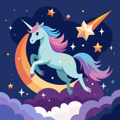 Obraz na płótnie Canvas Picture a celestial scene in which a celestial 3D unicorn with ethereal wings gracefully descends from the heavens, surrounded by twinkling stars and clouds