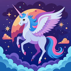Obraz na płótnie Canvas Picture a celestial scene in which a celestial 3D unicorn with ethereal wings gracefully descends from the heavens, surrounded by twinkling stars and clouds