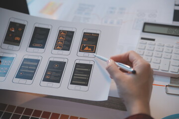 UX UI design process for modish mobile application and website . Creative prototype of wireframe...
