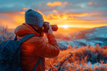 Fototapeta premium Man with camera in snowy mountain sunset