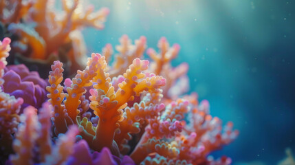 Fototapeta premium Close-up of vibrant coral reef underwater with sunlight filtering through the water, highlighting the textures and colors of the coral.