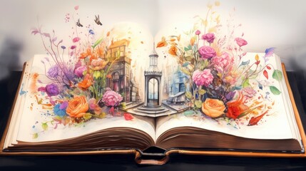 Artistic composition of an open book with vibrant watercolor butterflies and flowers bursting out, symbolizing imagination and creativity.