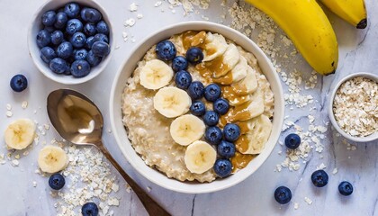 Plate of oatmeal on the table in a bowl with peanut butter, coconut flakes