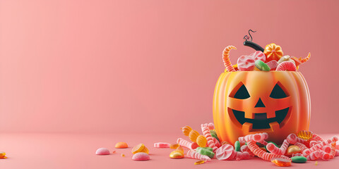 halloween pumpkin and candy pink background