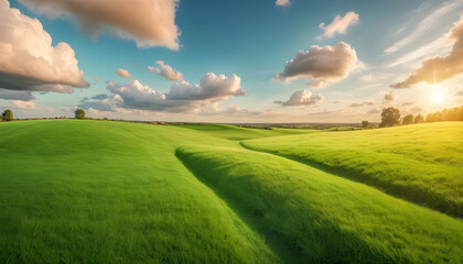 Green field of cut grass into and blue sky beautiful natural scenic panorama 6