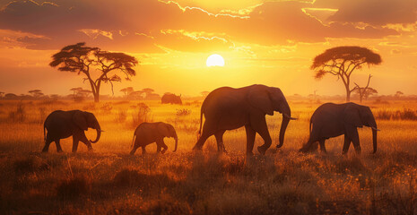 Fototapeta na wymiar An elephant family is walking through the savannah at dusk, with tall grass and acacia trees in the background