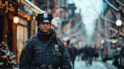 A police officer patrolling a city street on foot, engaging with residents and businesses. - Crime news - obrazy, fototapety, plakaty