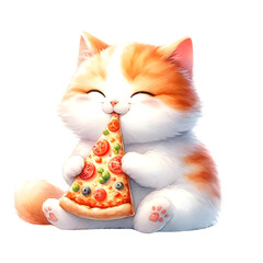 Cute watercolor animal character is sitting and eating pizza clipart of cat