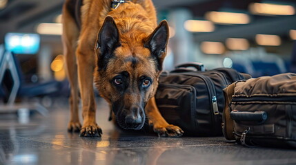A police dog sniffing luggage at an airport as part of a security screening process. - Police dog - obrazy, fototapety, plakaty
